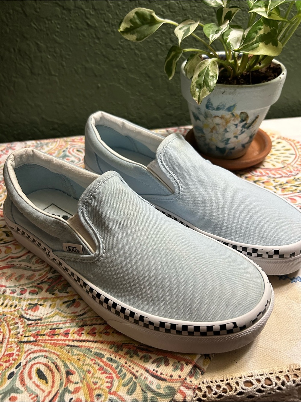 Vans Off the Wall Light Blue Slip-On Loafers with Black-and-White Checker border